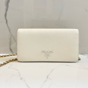 Prada Saffiano Leather Shoulder Bag Wallet On Chain White Mini Bag Purse BNWT